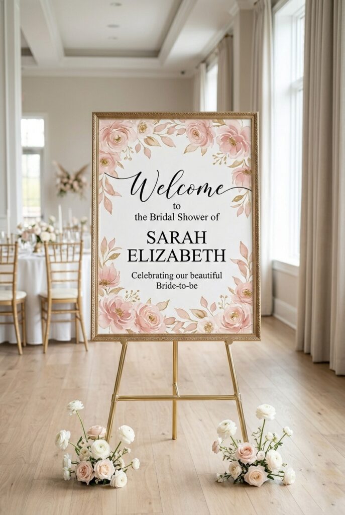 IMAGE 8 HERE Alt text: Large 24x36 welcome sign versus small 8x10 sign comparison showing scale importance at bridal shower entrance Image prompt: Photorealistic portrait image showing a beautifully styled bridal shower entrance area with a large-format 24x36 inch welcome sign correctly positioned at eye level on a tall brass easel. The sign is surrounded by minimal florals. The space is a bright indoor venue with high ceilings and natural light. The sign clearly reads across the room with authority and presence. No text overlays. Generate in vertical portrait orientation, 2:3 aspect ratio, optimized for mobile display.