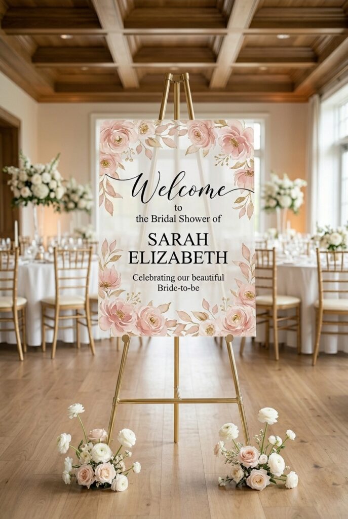 IMAGE 9 HERE Alt text: Gold brass easel at correct eye-level height displaying elegant bridal shower welcome sign in a bright event space Image prompt: Photorealistic portrait image of a tall elegant brass easel positioned at precise eye level (approximately 5 feet from ground to sign center) in a bright event space. The easel holds a clear acrylic sign with calligraphy lettering. The easel legs are fully spread and stable on a smooth floor. Fresh white flowers are visible in the blurred background. Warm ambient indoor lighting with soft golden tones. No text overlays. Generate in vertical portrait orientation, 2:3 aspect ratio, optimized for mobile display.