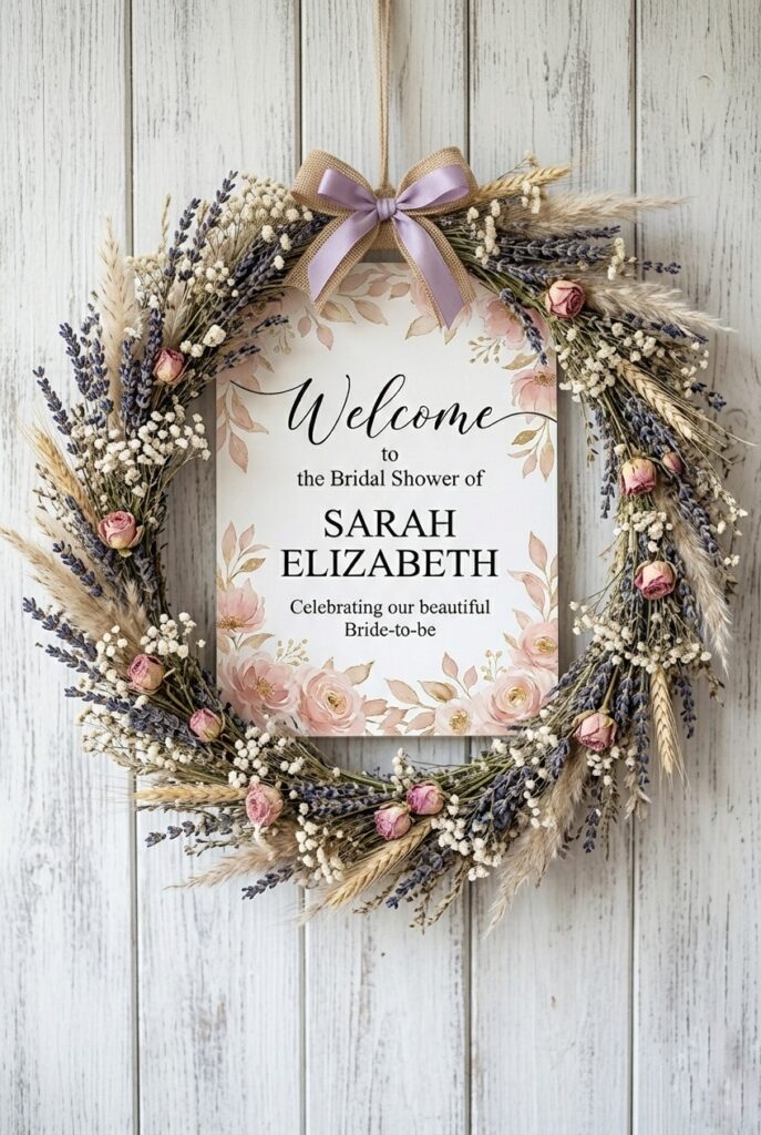 IMAGE 10 HERE Alt text: Dried wildflower wreath surrounding a bridal shower welcome sign with calligraphy text on white cardstock Image prompt: Photorealistic portrait image of a bridal shower welcome sign made with a circular dried wildflower wreath surrounding a central white cardstock printed with elegant calligraphy. The wreath includes dried lavender, baby's breath, and wheat stems in natural straw and pale purple tones. The piece is hung against a whitewashed wood-panel wall with a small ribbon bow at the top. Soft natural daylight. Rustic yet polished aesthetic. No text overlays. Generate in vertical portrait orientation, 2:3 aspect ratio, optimized for mobile display.