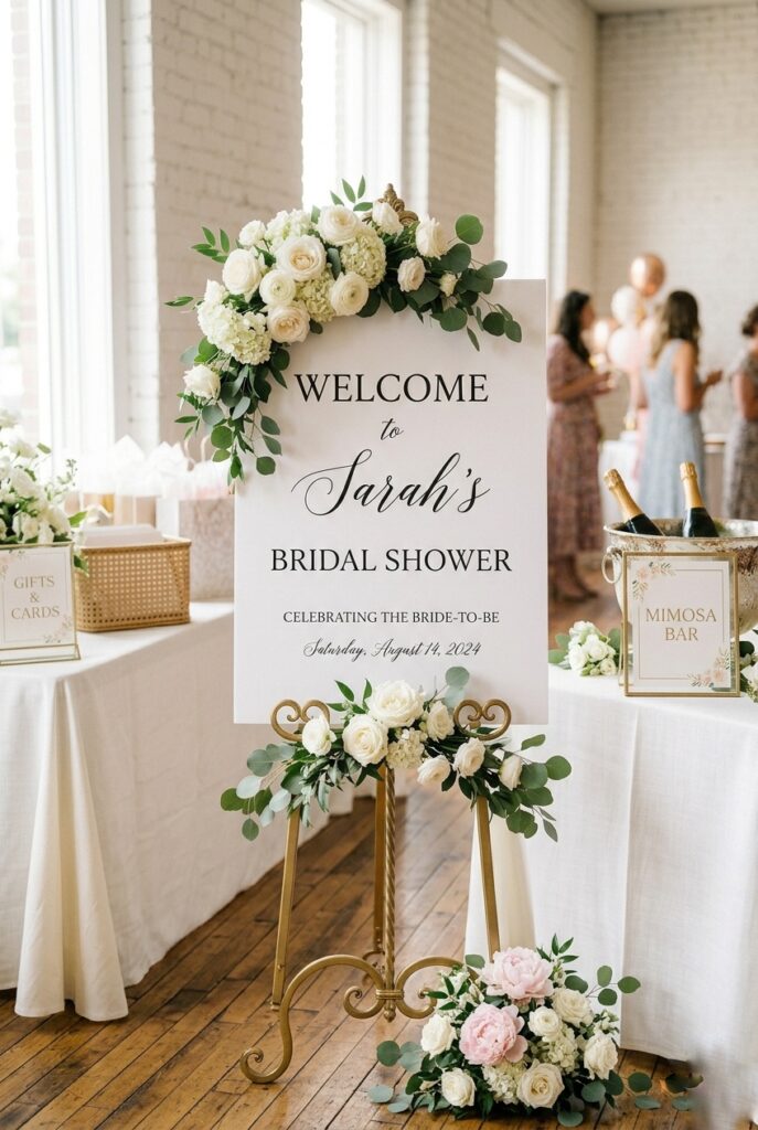 IMAGE 1 HERE Alt text: Bridal shower welcome sign on brass floor easel with blush peonies at the base, natural window light, indoor venue Image prompt: Photorealistic portrait image of an elegant bridal shower welcome sign displayed on a tall slim brass floor easel in a bright indoor event space. The sign is 24x36 inches printed on white foam board with black serif calligraphy. A small cluster of fresh blush peonies and eucalyptus is placed at the base of the easel on the floor. Warm soft natural window light from the right. Neutral cream and white venue backdrop. No text overlays. Generate in vertical portrait orientation, 2:3 aspect ratio, optimized for mobile display.