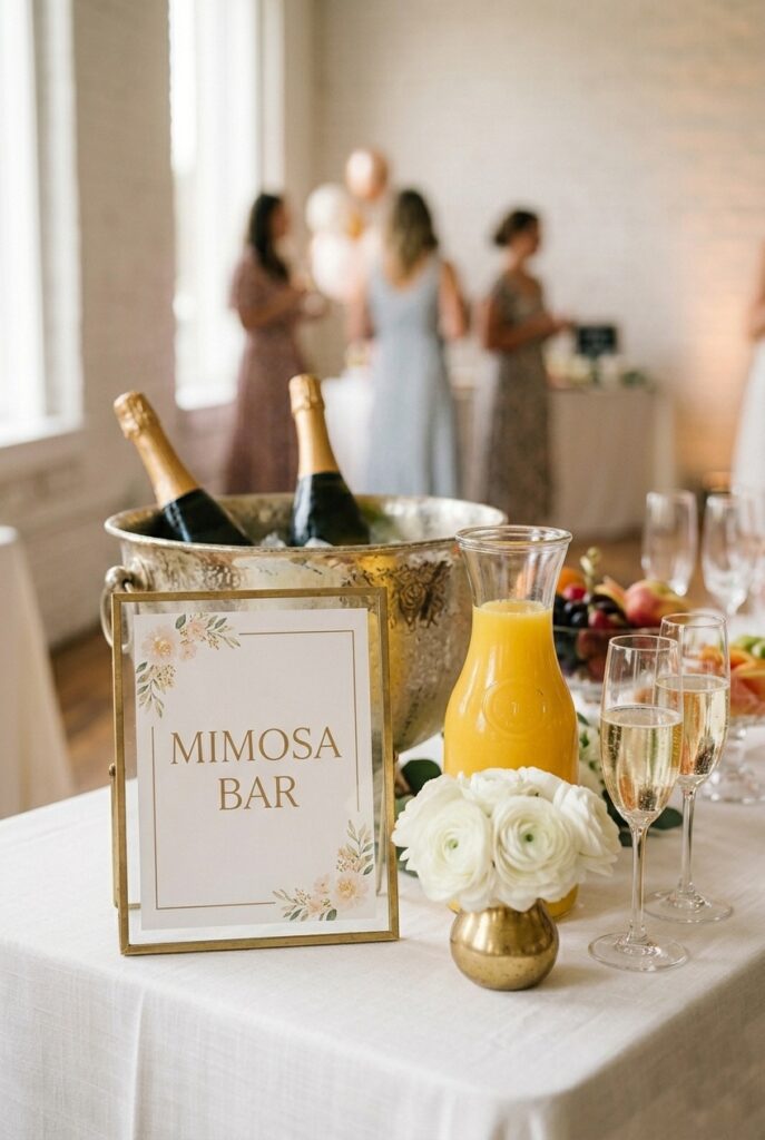 IMAGE 2 HERE Alt text: Mimosa bar sign in small gold frame next to champagne flutes and orange juice pitchers on a white tablecloth Image prompt: Photorealistic portrait image of a small elegant bridal shower mimosa bar sign displayed in a slim antique gold 5x7 inch tabletop frame. The sign sits beside sparkling champagne flutes, a glass pitcher of orange juice, and a small vase of white ranunculus. The table has a crisp white linen tablecloth. Soft warm indoor ambient light, slightly golden tone. Shallow depth of field with blurred background. No text overlays. Generate in vertical portrait orientation, 2:3 aspect ratio, optimized for mobile display.