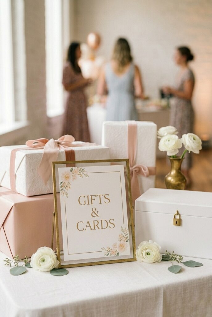 IMAGE 3 HERE Alt text: Small gift table sign beside wrapped presents and a card box at a bridal shower, soft indoor light Image prompt: Photorealistic portrait image of a small bridal shower gift table sign propped against a gift box on a decorated table. The sign is a 5x7 inch acrylic card with black calligraphy text, leaning against a stack of elegantly wrapped presents in blush and white tones. A white card box is visible beside it. Small white flowers are scattered nearby. Soft warm indoor ambient light. Clean, polished aesthetic. No text overlays. Generate in vertical portrait orientation, 2:3 aspect ratio, optimized for mobile display.