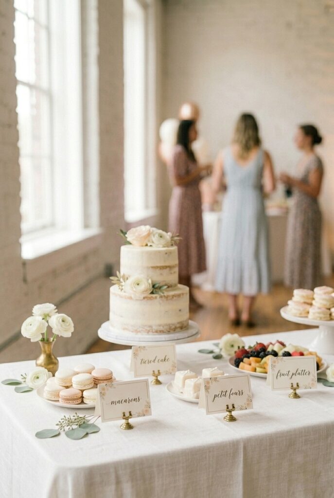 IMAGE 4 HERE Alt text: Bridal shower food table with small tent card labels in front of each dish, white and gold aesthetic Image prompt: Photorealistic portrait image of a bridal shower dessert and food table with small elegant tent card labels placed in front of each item. The labels have minimal black text on cream cardstock in small brass stands. The table features a tiered cake, macarons, petit fours, and a fruit platter. White and gold aesthetic. Fresh white florals in the background. Soft natural window light from the side. No text overlays. Generate in vertical portrait orientation, 2:3 aspect ratio, optimized for mobile display.