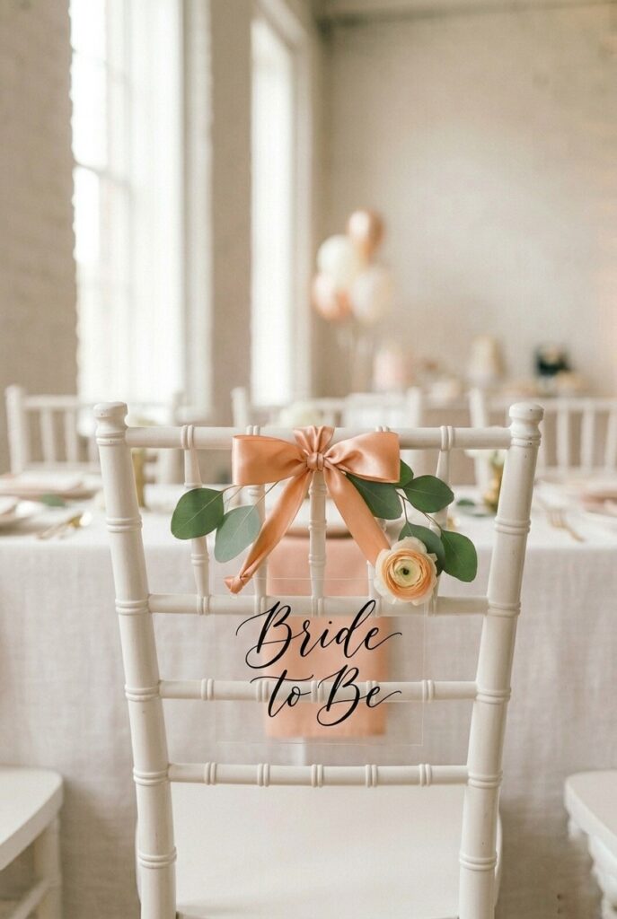 IMAGE 5 HERE Alt text: Bride to be sign hanging from a white wooden chair back at a bridal shower, peach ribbon, eucalyptus accent Image prompt: Photorealistic portrait image of an elegant bridal shower chair back sign hanging from a white wooden Chiavari chair. The sign is a small acrylic or foam board piece with black calligraphy reading "Bride to Be" tied with a peach satin ribbon bow. A sprig of eucalyptus is tucked behind the ribbon. Bright airy indoor setting with soft natural window light. Minimal, polished aesthetic. No text overlays. Generate in vertical portrait orientation, 2:3 aspect ratio, optimized for mobile display.