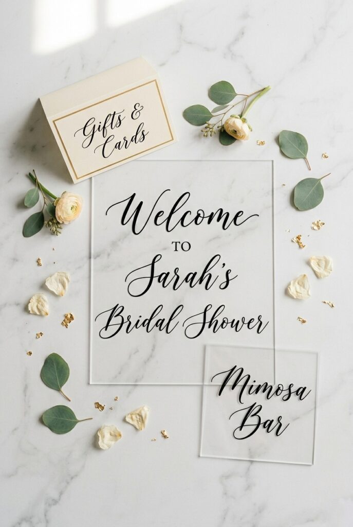 IMAGE 6 HERE Alt text: Cohesive bridal shower sign suite showing matching typeface and color palette across welcome sign, mimosa bar sign, and table cards Image prompt: Photorealistic portrait image showing a close-up styled flat lay of three bridal shower signs laid out together on a white marble surface demonstrating cohesion: a large welcome sign, a small mimosa bar card, and a gift table tent card. All three share the same black serif calligraphy typeface and cream-and-gold color palette. Small dried rose petals and eucalyptus leaves are scattered around them. Soft natural overhead window light. Clean, editorial aesthetic. No text overlays. Generate in vertical portrait orientation, 2:3 aspect ratio, optimized for mobile display.