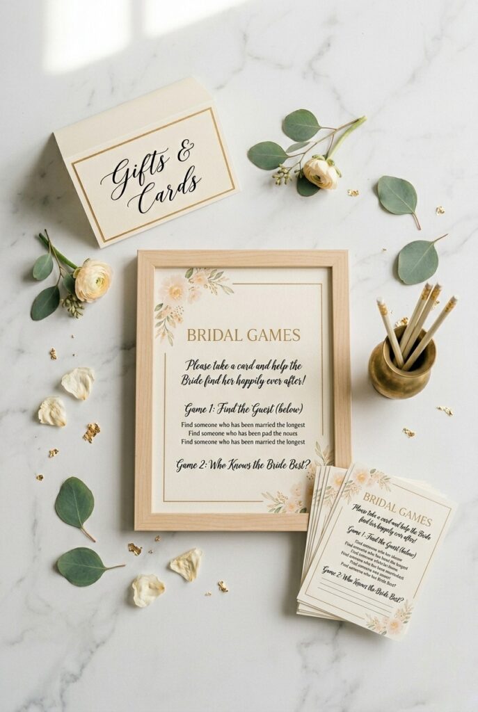 IMAGE 7 HERE Alt text: Bridal shower games sign with hand-lettered instructions in a wooden frame on a white table beside game activity cards Image prompt: Photorealistic portrait image of a bridal shower games instruction sign displayed in a slim natural wood tabletop frame. The sign has hand-lettered or printed black text with simple game instructions. It sits on a white tablecloth beside a small stack of cream activity cards and a pencil holder. Soft warm natural indoor light. Simple, clean aesthetic with neutral tones. No text overlays. Generate in vertical portrait orientation, 2:3 aspect ratio, optimized for mobile display.