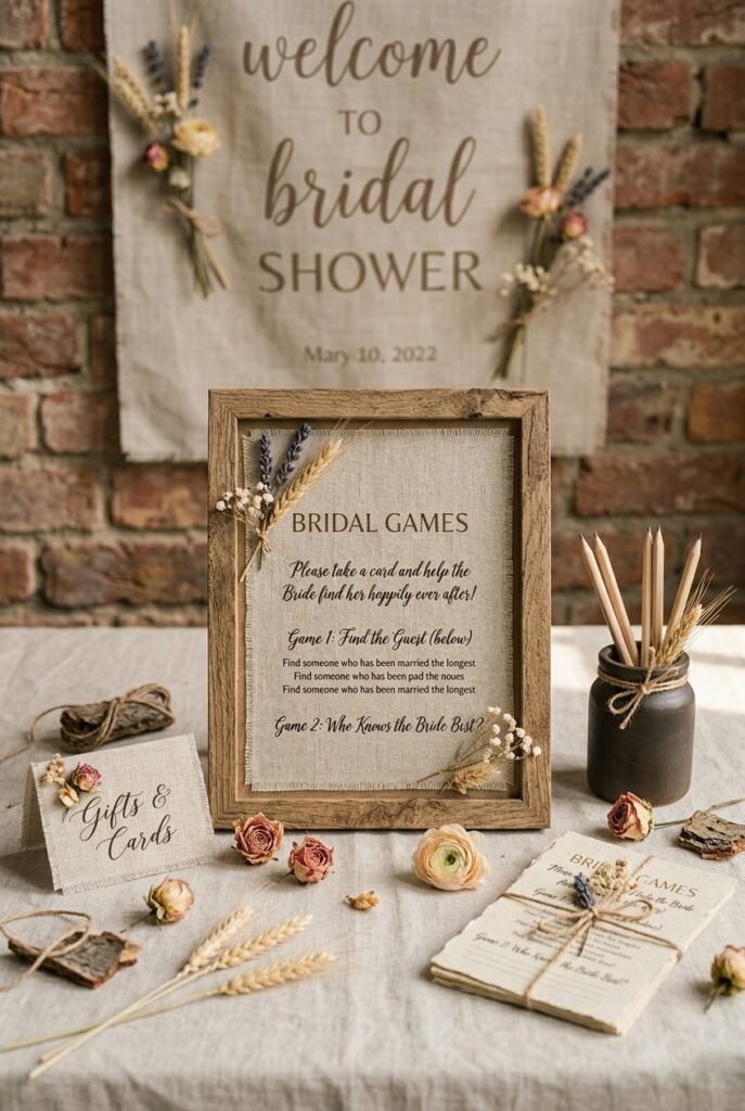 IMAGE 8 HERE Alt text: Correctly matched bridal shower signage showing rustic linen signs paired with wooden frames and dried florals throughout a cohesive party table setup Image prompt: Photorealistic portrait image of a cohesively styled rustic bridal shower table with matching signage throughout. A linen fabric welcome sign hangs on the wall, small wooden-framed signs label the food items on the table, and a small chalkboard tent card marks the gift section. All signs share a rustic, natural aesthetic with dried flowers, wheat stalks, and raw wood accents throughout. Warm soft natural daylight. No text overlays. Generate in vertical portrait orientation, 2:3 aspect ratio, optimized for mobile display.