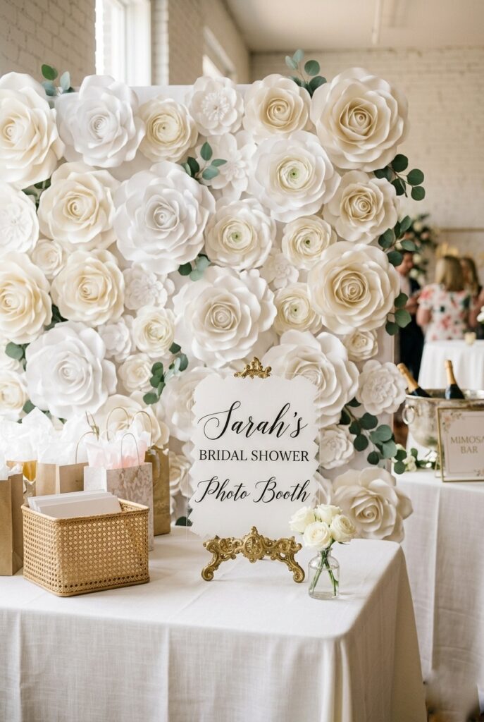 IMAGE 9 HERE Alt text: Small acrylic bridal shower sign beside a white floral photo backdrop at a bridal shower party setup Image prompt: Photorealistic portrait image of a styled bridal shower photo backdrop area. A white floral paper flower backdrop is in the background. In front of it, a small clear acrylic sign on a short gold tabletop easel adds a personalized element to the setup. The sign has elegant black calligraphy. Small white roses in a bud vase sit beside the easel. Warm soft ambient indoor light. Clean, airy party aesthetic. No text overlays. Generate in vertical portrait orientation, 2:3 aspect ratio, optimized for mobile display.