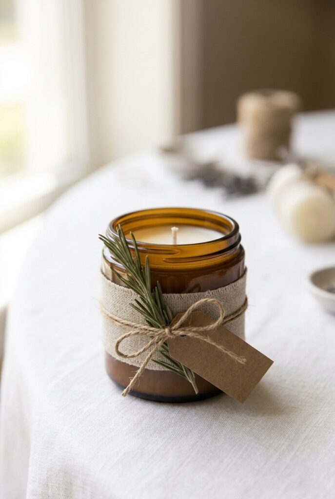 IMAGE 1 HERE Alt text: Small amber glass soy candle with dried rosemary tucked under a linen ribbon on a bridal shower favor table Image prompt: Photorealistic close-up of a small amber glass jar soy candle on a white linen tablecloth. A sprig of dried rosemary is tucked beneath a natural linen ribbon tied around the jar. Soft natural window light, warm and airy atmosphere. Shallow depth of field. No text overlays. Generate in vertical portrait orientation, 2:3 aspect ratio, optimized for mobile display.