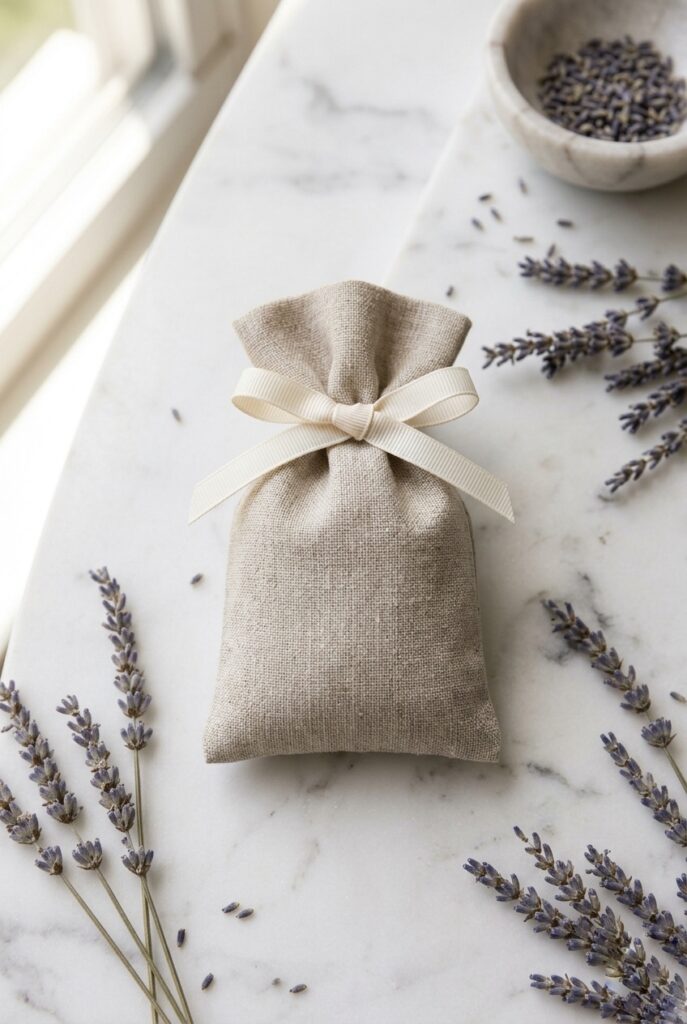 IMAGE 2 HERE Alt text: Small French linen lavender sachet tied with ivory grosgrain ribbon displayed among bridal shower favors Image prompt: Photorealistic styled photo of a small rectangular French linen sachet in natural oatmeal color, filled with dried lavender, tied at the top with a narrow ivory grosgrain ribbon. Placed on a pale marble surface with scattered dried lavender stems around it. Soft natural diffused window light. No text overlays. Generate in vertical portrait orientation, 2:3 aspect ratio, optimized for mobile display.