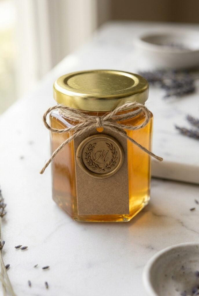 IMAGE 3 HERE Alt text: Miniature hexagonal honey jar with personalized wax seal and twine bow as bridal shower favor Image prompt: Photorealistic close-up of a small hexagonal glass honey jar with a gold lid, a small personalized wax seal on the label area, and a loop of natural twine tied in a simple bow around the neck. Warm natural window light from above. Honey visible through the glass, golden amber color. Set on a white marble surface. No text overlays. Generate in vertical portrait orientation, 2:3 aspect ratio, optimized for mobile display.
