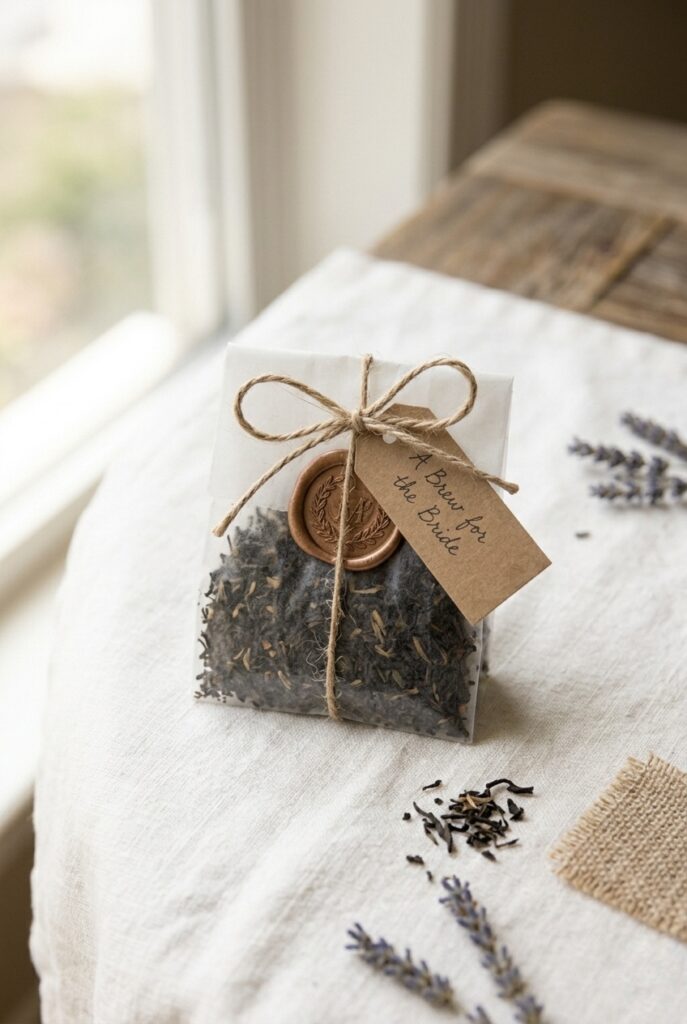 IMAGE 5 HERE Alt text: Small glassine bag of loose-leaf Earl Grey tea with a copper stamped tag and wax seal displayed as bridal shower favor Image prompt: Photorealistic styled product photo of a small glassine bag containing loose-leaf Earl Grey tea, sealed with a copper stamped wax seal. A small kraft paper tag tied with thin twine reads a short handwritten phrase. The bag rests on a white linen tablecloth. Soft natural window light, warm and airy atmosphere. No text overlays. Generate in vertical portrait orientation, 2:3 aspect ratio, optimized for mobile display.