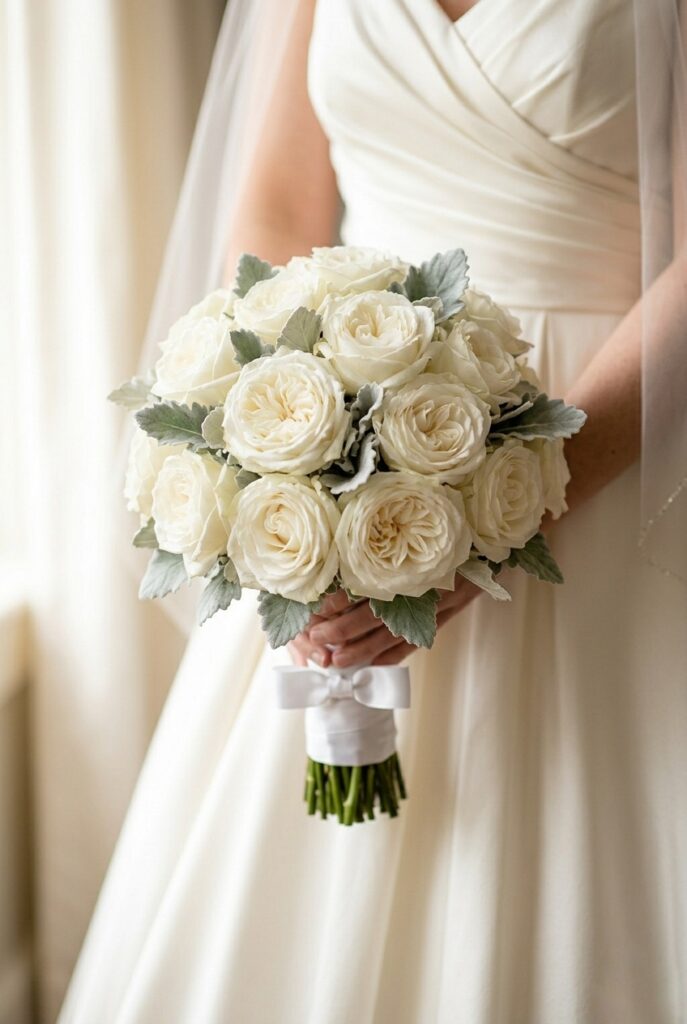 Tight round posy, white garden roses and dusty miller