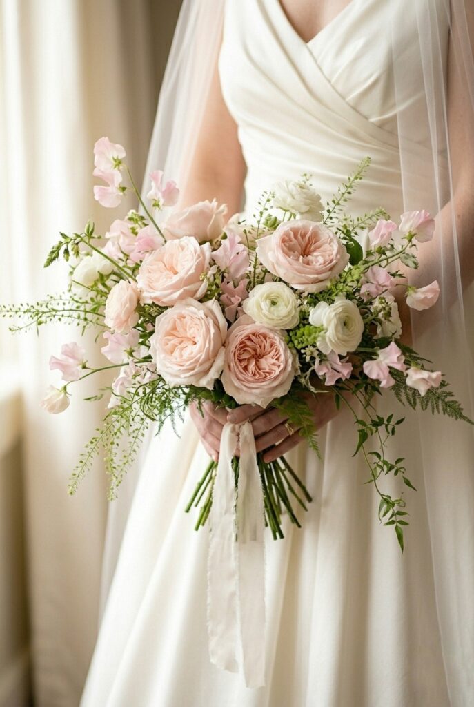 Loose garden-gathered bouquet, blush roses and sweet peas