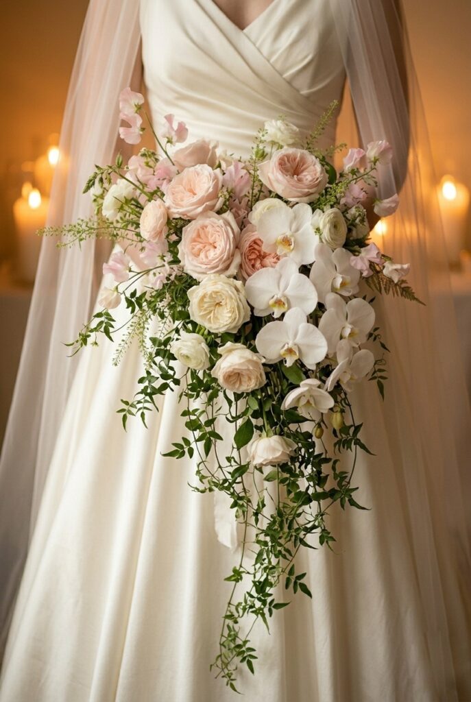 Cascading waterfall bouquet with orchids, roses, and ivy
