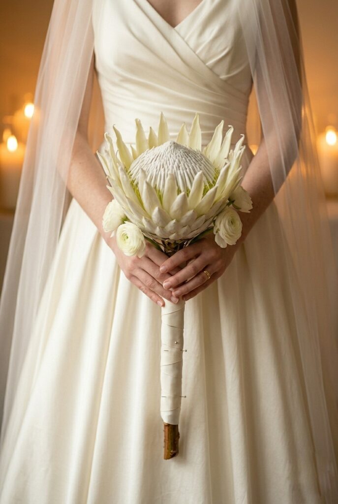 Single king protea stem with wide ribbon wrap