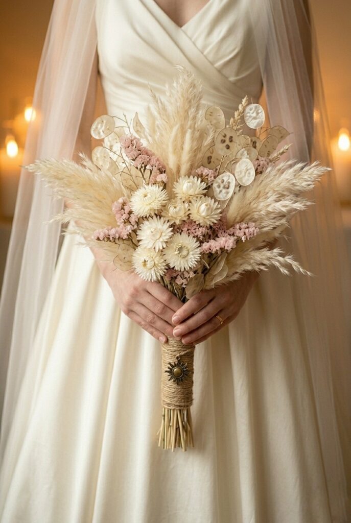 Dried and preserved bouquet — pampas, strawflowers, lunaria