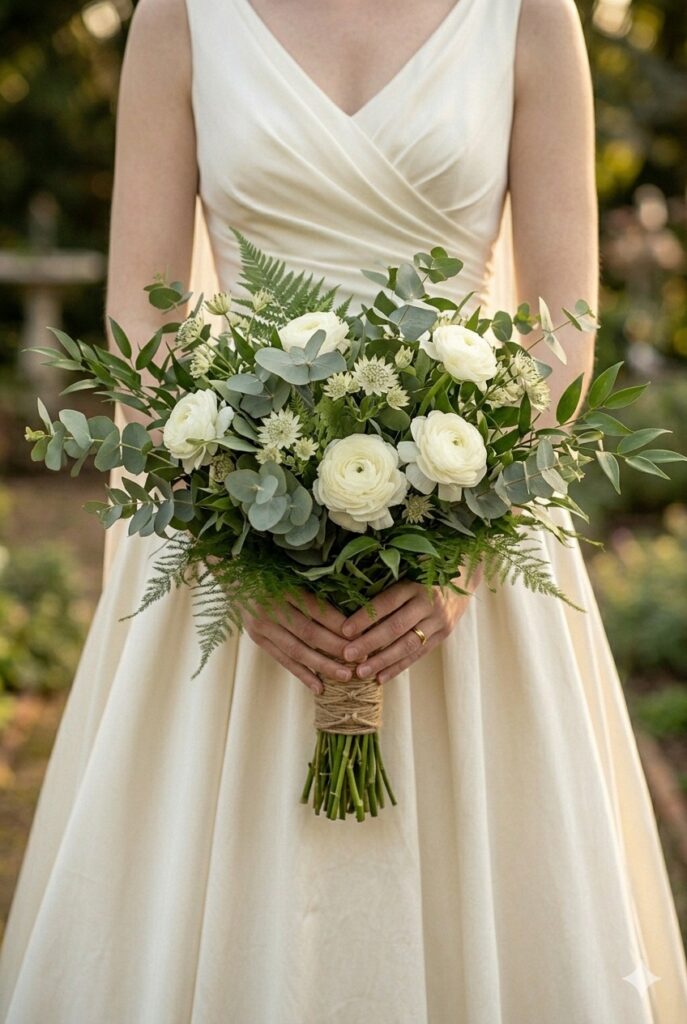 Greenery-forward bouquet with eucalyptus, ferns, white ranunculus
