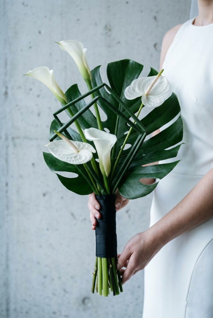 IMAGE 8 HERE Alt text: Architectural bridal bouquet with sculptural calla lilies, anthuriums, and monstera leaves in a modern geometric arrangement Image prompt: Photorealistic editorial-style photo of a modern architectural bridal bouquet featuring long-stemmed white calla lilies, white anthuriums, and a single large monstera leaf. The arrangement is deliberately angular and geometric rather than round — stems cross at clean angles, creating visual structure. Stems wrapped in wide black grosgrain ribbon. Cool, soft natural window light with slight blue cast. Photographed against a pale grey concrete wall background. No text overlays. Generate in vertical portrait orientation, 2:3 aspect ratio, optimized for mobile display.
1 image