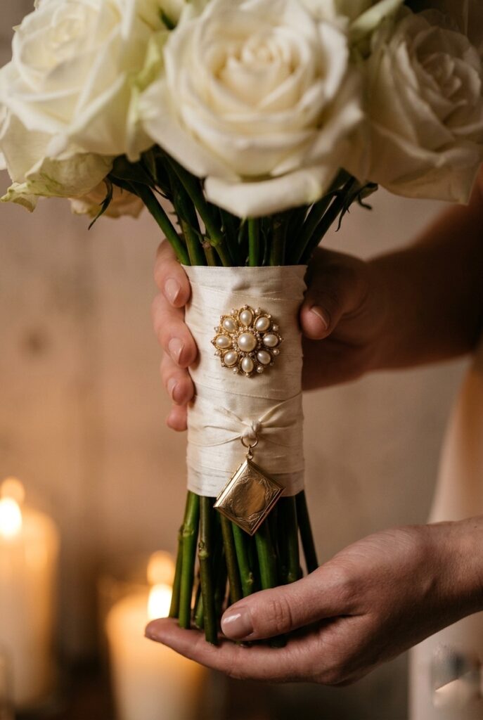 IMAGE 9 HERE Alt text: Bridal bouquet with vintage brooch and grandmother's pearl earring wrapped into the stem ribbon as a sentimental heirloom detail Image prompt: Photorealistic close-up detail shot of a bridal bouquet stem wrap, showing ivory dupioni silk ribbon wrapped tightly around white rose stems. A single vintage pearl and gold brooch is pinned into the center of the ribbon wrap, and a small folded locket charm hangs from the knot below. Warm candlelit atmosphere with soft golden light. The flowers above are slightly blurred, keeping focus on the ribbon and heirloom details. No text overlays. Generate in vertical portrait orientation, 2:3 aspect ratio, optimized for mobile display.