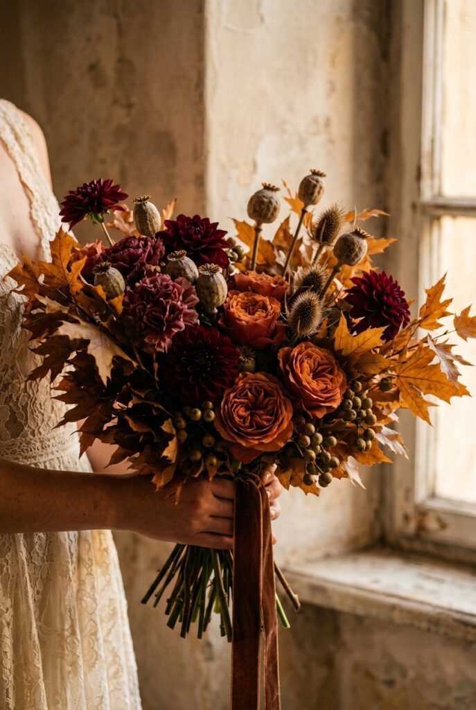 IMAGE 10 HERE Alt text: Lush autumn bridal bouquet with deep burgundy dahlias, rust garden roses, dried seed heads, and amber-toned foliage Image prompt: Photorealistic photo of a rich autumnal bridal bouquet featuring deep burgundy café au lait and dahlia-type blooms, rust-orange garden roses, dried seed heads, and amber-toned maple foliage with greenish-brown berries. The palette is warm, moody, and saturated. The arrangement is loose and gathered, not tightly structured. Stems wrapped in deep brown velvet ribbon. Soft warm natural window light with golden afternoon tones. No text overlays. Generate in vertical portrait orientation, 2:3 aspect ratio, optimized for mobile display.
1 image