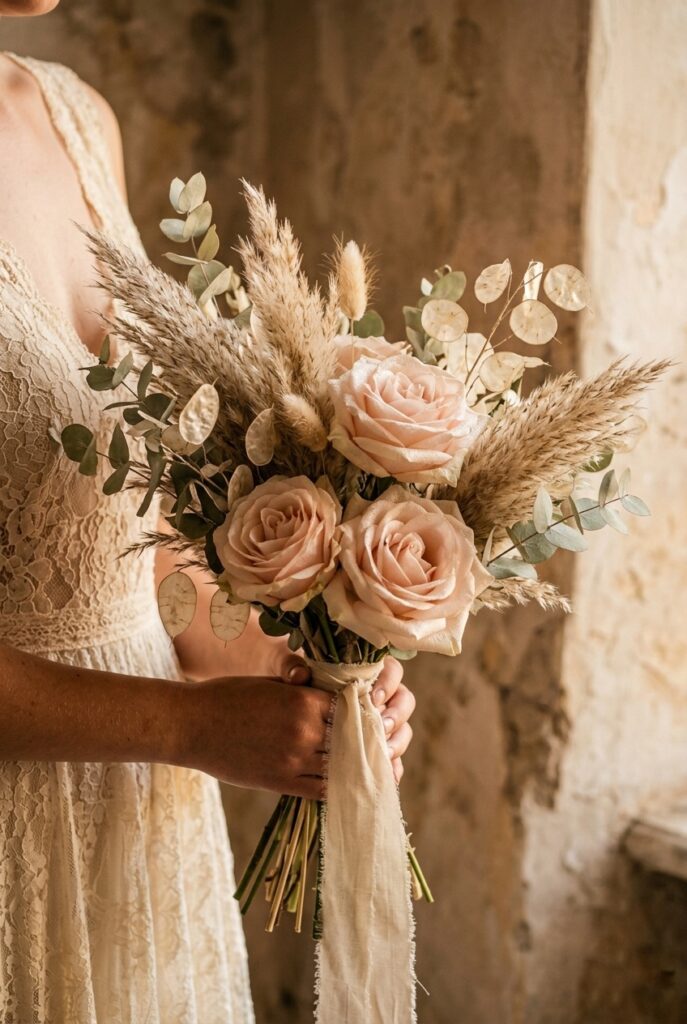 IMAGE 11 HERE Alt text: Mixed fresh and dried bridal bouquet with fresh garden roses alongside dried pampas stems and preserved eucalyptus for a boho aesthetic Image prompt: Photorealistic styled editorial photo of a bridal bouquet mixing fresh elements and dried: two open blush garden roses alongside natural dried pampas grass plumes, preserved pale green eucalyptus, and a few dried lunaria pods. The contrast between fresh petals and matte dried textures is deliberate and visible. Stems wrapped in natural cream linen ribbon with loose ends. Soft warm natural window light, late afternoon golden quality. No text overlays. Generate in vertical portrait orientation, 2:3 aspect ratio, optimized for mobile display.
1 image