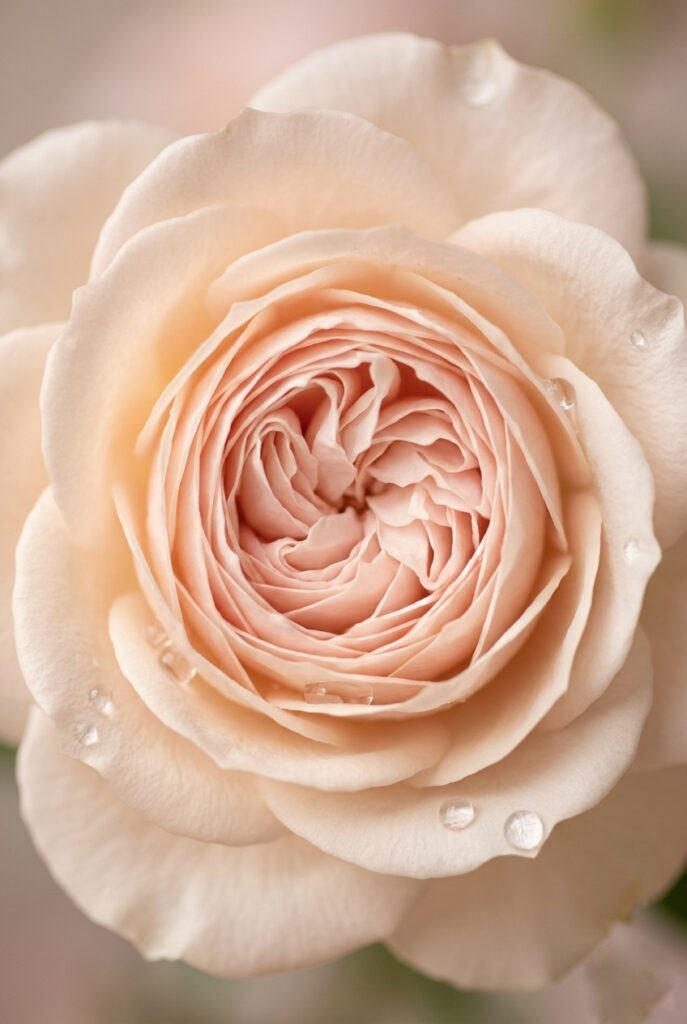 IMAGE 1 HERE Alt text: Open blush garden rose bloom close-up showing layered petals and golden center in natural light Image prompt: Photorealistic extreme close-up of a single open blush garden rose bloom, showing the tightly spiraled center and soft layered outer petals in pale pink and ivory tones. A few drops of water rest on the outer petals. Soft natural window light from above, warm and diffused. Shallow depth of field, background completely soft. No text overlays. Generate in vertical portrait orientation, 2:3 aspect ratio, optimized for mobile display.