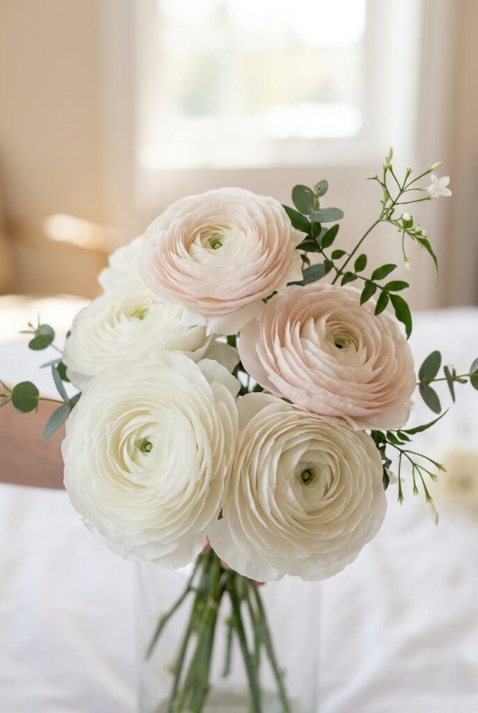 IMAGE 2 HERE Alt text: Tight cluster of white and blush ranunculus blooms with tightly layered petals in a bridal bouquet Image prompt: Photorealistic close-up of five ranunculus blooms in white and pale blush clustered together in a partial bouquet arrangement. The blooms show their characteristic tightly packed, paper-thin petals layering outward from a dense center. Soft natural window light, airy and warm atmosphere. Shallow depth of field with foreground blooms sharp. No text overlays. Generate in vertical portrait orientation, 2:3 aspect ratio, optimized for mobile display.