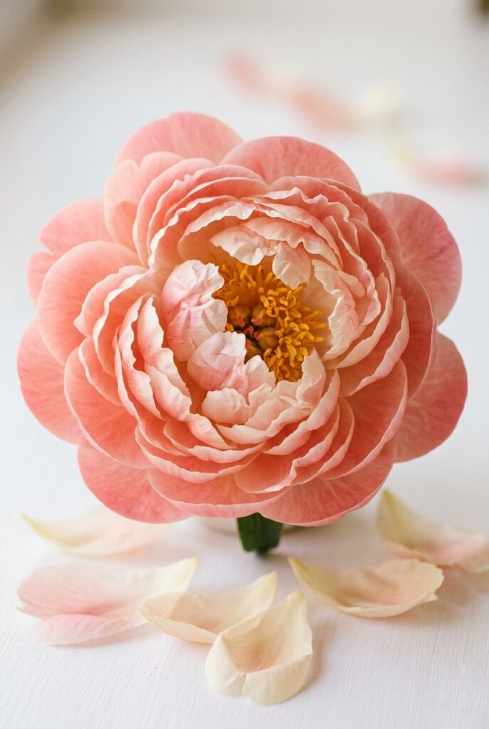 IMAGE 3 HERE Alt text: Large fully open pink peony bloom showing ruffled petals and yellow center against a white background Image prompt: Photorealistic close-up of a single large fully open pink peony bloom with densely ruffled petals in pale pink and cream tones, golden yellow stamens visible at the center. A few loose petals have fallen onto the white surface below. Soft natural window light from the left, slightly warm. Shallow depth of field. No text overlays. Generate in vertical portrait orientation, 2:3 aspect ratio, optimized for mobile display.