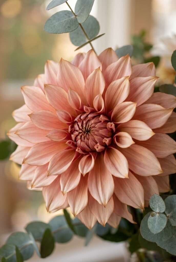 IMAGE 4 HERE Alt text: Deep blush cafe au lait dahlia bloom with bronze-tipped petals held in a bridal bouquet with eucalyptus Image prompt: Photorealistic close-up of a large 'Café au Lait' dahlia bloom with its characteristic blush, bronze, and warm ivory tones. The bloom is at peak open stage, petals curling slightly at the tips. A few silver dollar eucalyptus leaves frame the edges of the frame. Soft warm natural window light, late afternoon quality. Shallow depth of field. No text overlays. Generate in vertical portrait orientation, 2:3 aspect ratio, optimized for mobile display.
