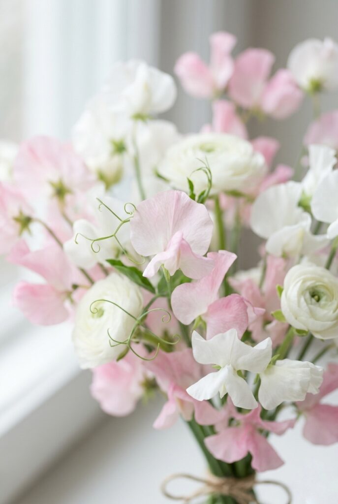 IMAGE 6 HERE Alt text: Loose cluster of pale pink and white sweet pea flowers with tendrils in a spring bridal bouquet Image prompt: Photorealistic close-up of a loose gathering of pale pink and white sweet pea blooms with their characteristic crinkled petals and small curling tendrils, mixed with a few small white ranunculus. Soft natural morning window light, very light and airy atmosphere. The arrangement has an informal, just-picked quality. Shallow depth of field. No text overlays. Generate in vertical portrait orientation, 2:3 aspect ratio, optimized for mobile display.