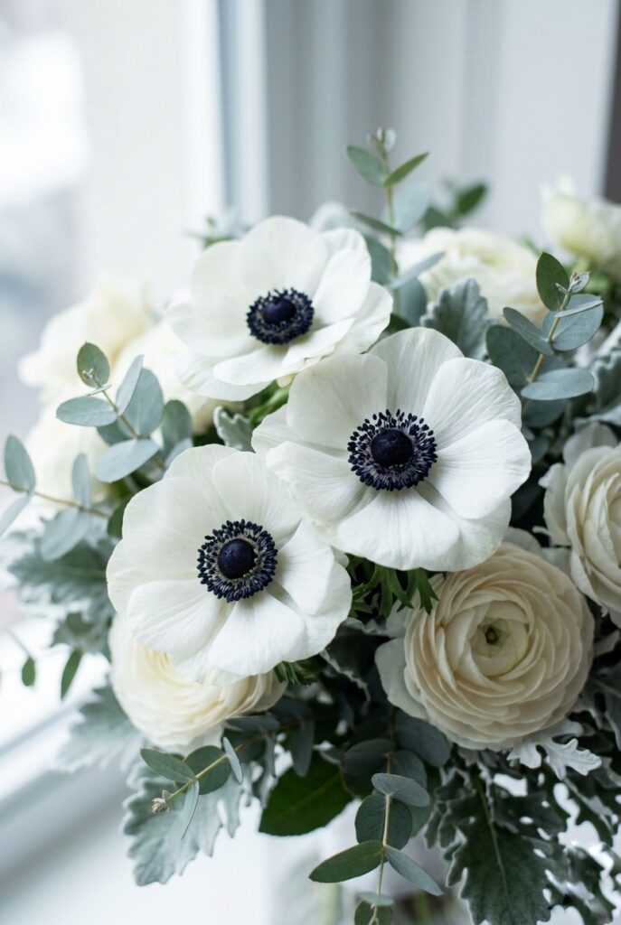 IMAGE 7 HERE Alt text: White anemone flower with black center displayed as accent in a modern bridal bouquet Image prompt: Photorealistic close-up of three white anemone blooms with their striking near-black centers, resting among ivory ranunculus and silver green foliage in a partial bouquet. The contrast between the white petals and dark centers creates a graphic, architectural quality. Soft natural window light, slightly cool and clean. No text overlays. Generate in vertical portrait orientation, 2:3 aspect ratio, optimized for mobile display.