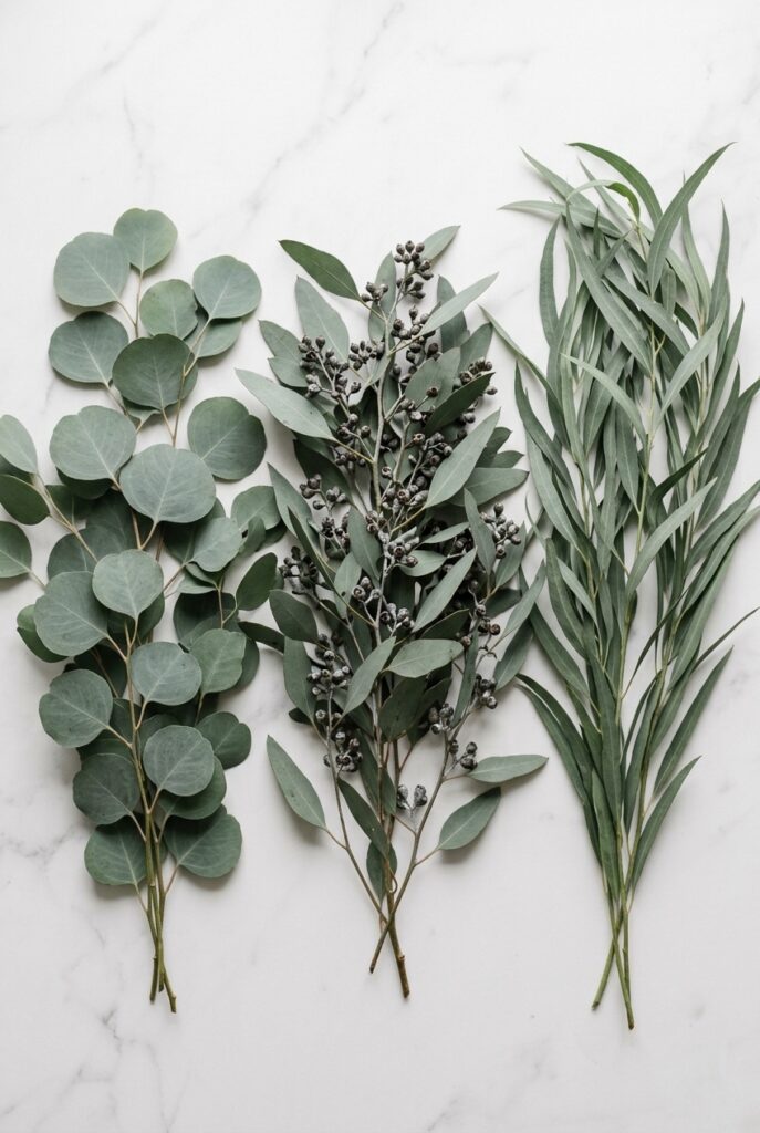 IMAGE 8 HERE Alt text: Several varieties of eucalyptus foliage including silver dollar, seeded, and willow eucalyptus laid out on a white surface Image prompt: Photorealistic flat lay of three varieties of eucalyptus on a white marble surface: silver dollar eucalyptus with round leaves, seeded eucalyptus with small berry-like seed pods, and willow eucalyptus with long narrow drooping leaves. The varied textures and shades of grey-green are visible and distinct. Soft natural window light from above. No text overlays. Generate in vertical portrait orientation, 2:3 aspect ratio, optimized for mobile display.