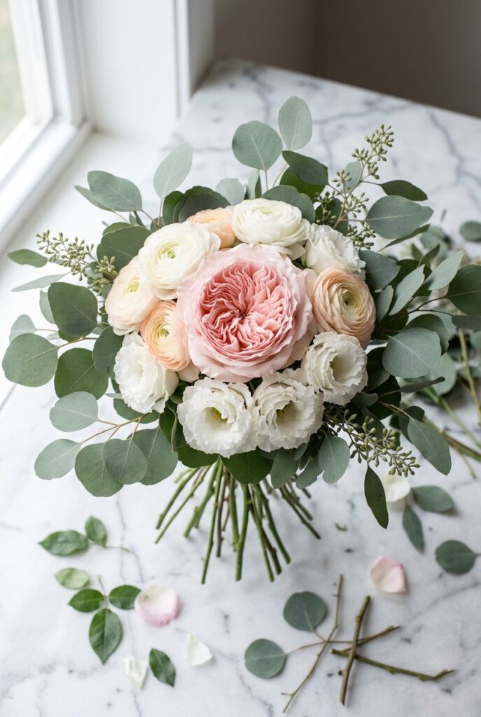 IMAGE 9 HERE Alt text: Three-tier bridal bouquet showing hero bloom garden rose at center, supporting ranunculus around it, and eucalyptus filler framing the edges Image prompt: Photorealistic editorial photo of a deconstructed bridal bouquet arrangement showing three clearly distinct layers: a large blush garden rose as the central focal bloom, surrounded by smaller ranunculus and lisianthus as the supporting tier, and silver dollar eucalyptus filling the outer frame. The arrangement is mid-assembly, stems not yet wrapped, resting on a white marble florist surface. Soft natural window light. No text overlays. Generate in vertical portrait orientation, 2:3 aspect ratio, optimized for mobile display.