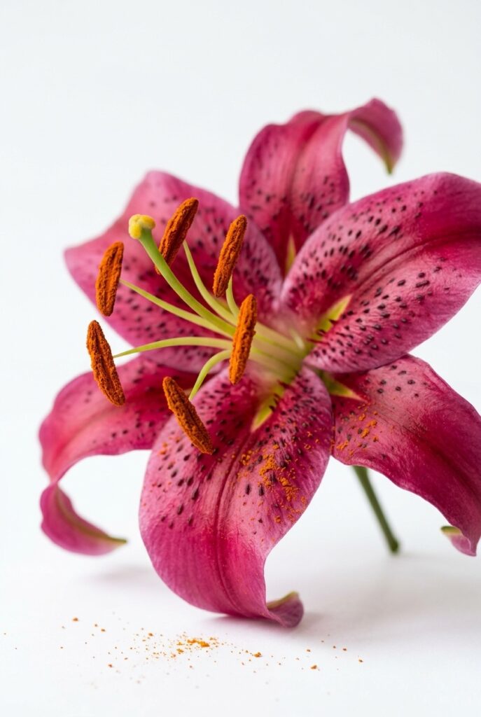 IMAGE 10 HERE Alt text: Stargazer lily displayed alongside a wilted gardenia showing flowers that are too fragrant or fragile for bridal bouquets Image prompt: Photorealistic close-up of a single open deep pink stargazer lily bloom with its characteristic dark spot markings and long yellow-tipped anthers loaded with orange pollen. The dramatic pollen is clearly visible and slightly dusted. Soft natural window light. Clean white background. No text overlays. Generate in vertical portrait orientation, 2:3 aspect ratio, optimized for mobile display.