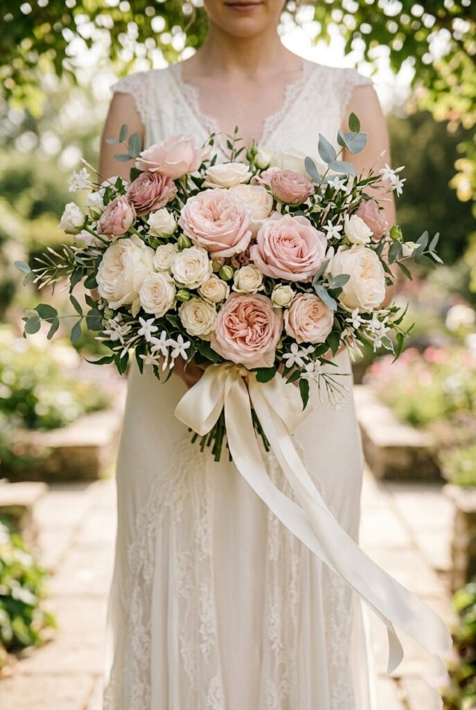 IMAGE 1 HERE Alt text: Romantic garden rose bridal bouquet in blush and ivory tones with soft natural light Image prompt: Photorealistic close-up portrait of a lush bridal bouquet built primarily from blush and ivory garden roses in varying stages of bloom — some tight, some fully open — interspersed with small sprigs of white jasmine and soft green seeded eucalyptus, wrapped in ivory double-satin ribbon with a loose tail, held at waist height against a soft blurred garden background, soft warm natural daylight from above, romantic and airy feel, no text. Generate in vertical portrait orientation, 2:3 aspect ratio, optimized for mobile display.