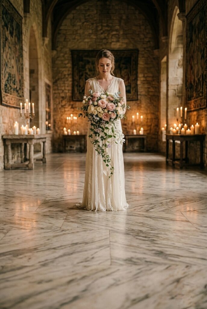 IMAGE 2 HERE Alt text: Cascading romantic wedding bouquet with blush peonies and trailing ivy and clematis vines Image prompt: Photorealistic editorial photograph of a cascading bridal bouquet with full blush and dusty rose peonies at the top, transitioning into trailing stems of dark ivy, soft clematis tendrils, and delicate white sweet peas flowing downward in a natural waterfall shape, held loosely against a bride's ivory lace gown with no visible face, warm candlelit indoor atmosphere with golden ambient glow, romantic and slightly dramatic in feel. Generate in vertical portrait orientation, 2:3 aspect ratio, optimized for mobile display.