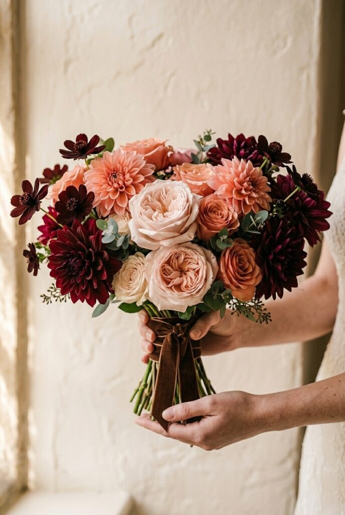 IMAGE 3 HERE Alt text: Romantic ombré bridal bouquet transitioning from pale blush to deep burgundy roses and dahlias Image prompt: Photorealistic close-up photograph of a romantic bridal bouquet with a deliberate color gradient — pale blush garden roses in the center, transitioning to soft coral and then to deep burgundy dahlias and chocolate cosmos at the outer edges, round and lush in silhouette, wrapped tightly with a chocolate brown velvet ribbon, held against a cream background in soft warm natural window light from the left, rich and saturated color treatment, editorial style. Generate in vertical portrait orientation, 2:3 aspect ratio, optimized for mobile display.
Generate 1 image only for every prompt