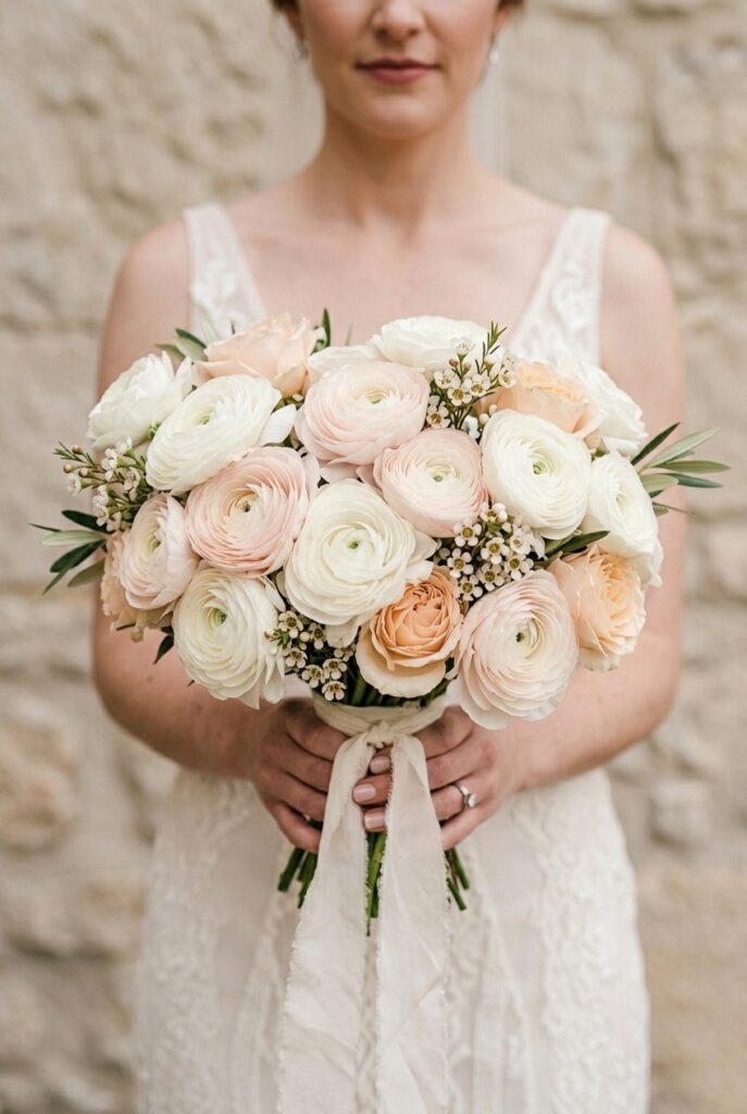 IMAGE 4 HERE Alt text: Round romantic bridal bouquet built primarily from blush and white ranunculus with soft greenery Image prompt: Photorealistic editorial photo of a perfectly round bridal bouquet constructed almost entirely from full-bloom ranunculus in white, soft blush, and pale peach, interspersed with small clusters of white waxflower and minimal olive branch greenery, wrapped in raw ivory silk ribbon with a delicate trailing knot, held at waist height against a soft neutral stone wall background, soft diffused natural daylight, airy and clean aesthetic. Generate in vertical portrait orientation, 2:3 aspect ratio, optimized for mobile display.