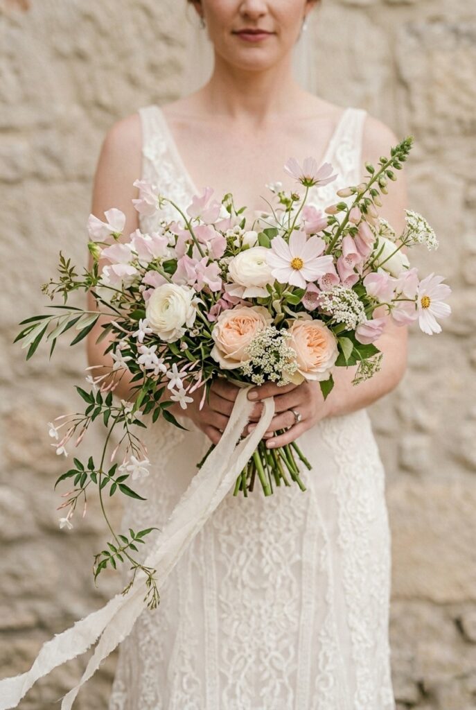 IMAGE 5 HERE Alt text: Loose asymmetric garden-style bridal bouquet with mixed wildflowers and trailing greenery Image prompt: Photorealistic photograph of a loosely gathered bridal bouquet with deliberate asymmetry — garden roses, sweet peas, cosmos, and foxglove in soft pink and white tones, with naturally trailing stems of jasmine and olive branch, held loosely with both hands, some stems slightly longer than others on the left side for a gathered-from-the-garden effect, soft warm natural daylight, outdoor garden setting softly blurred in the background, romantic and unstructured in feel. Generate in vertical portrait orientation, 2:3 aspect ratio, optimized for mobile display.