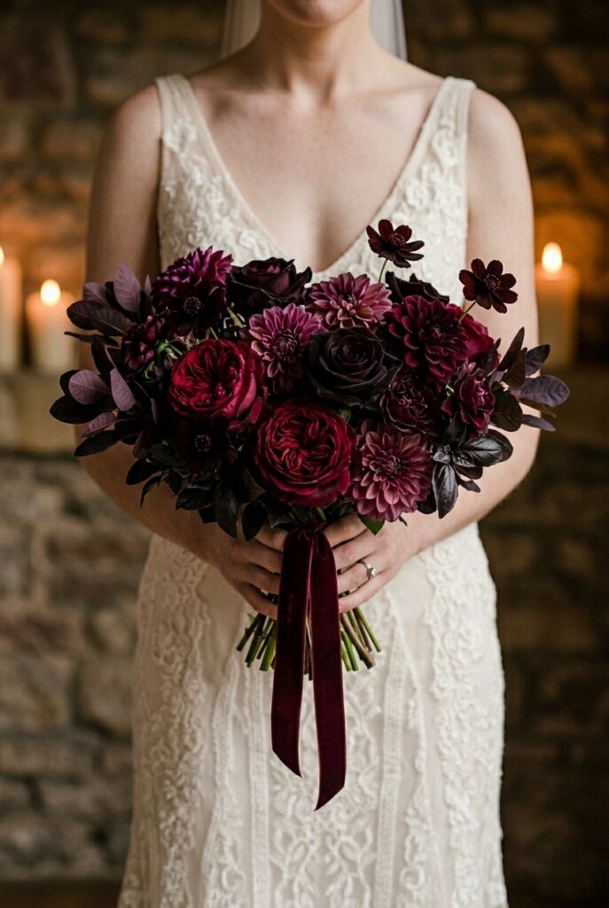 IMAGE 6 HERE Alt text: Moody romantic bridal bouquet with deep burgundy roses, plum dahlias, and dark foliage Image prompt: Photorealistic dramatic editorial photo of a dark, jewel-toned bridal bouquet featuring deep burgundy garden roses, near-black 'Black Baccara' roses, plum and aubergine dahlias, and dark chocolate cosmos, accented with black-tinged sweet basil and smoke bush foliage, tightly rounded silhouette, wrapped in deep wine velvet ribbon, held against a bride's ivory or champagne gown with candlelit warm golden ambient light creating a rich, moody contrast, sophisticated and slightly gothic-romantic feel, no visible face. Generate in vertical portrait orientation, 2:3 aspect ratio, optimized for mobile display.
