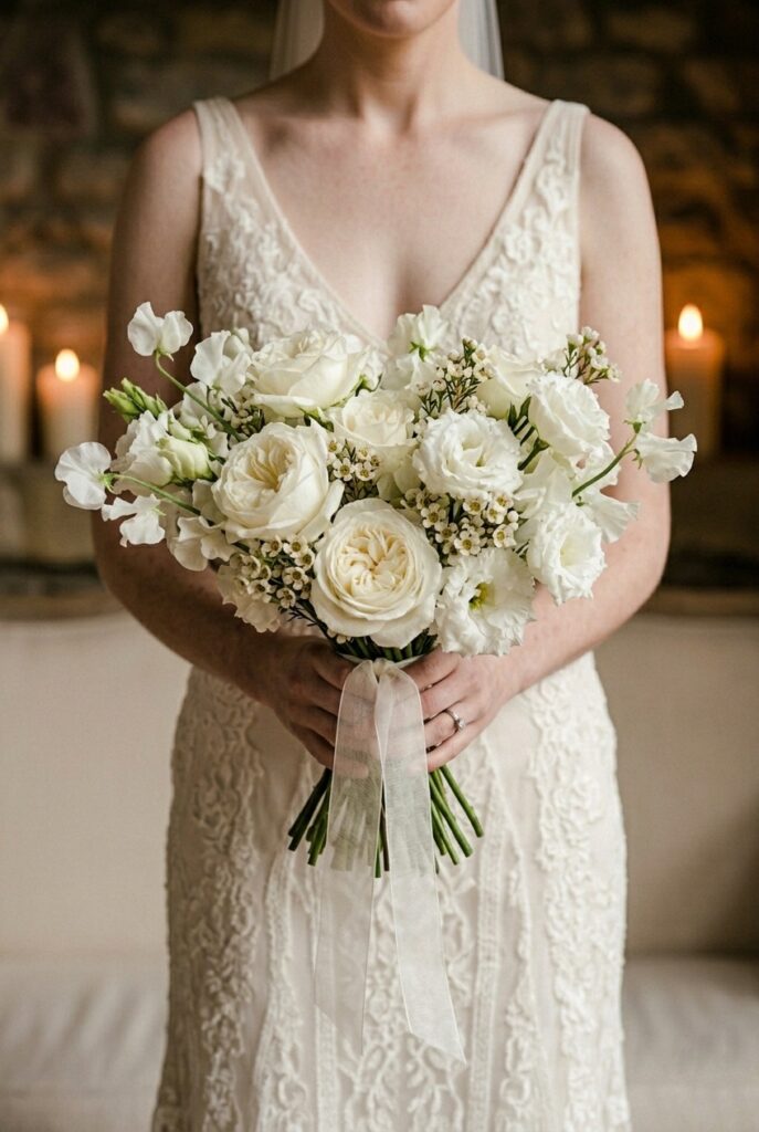 IMAGE 7 HERE Alt text: All-white romantic bridal bouquet with white garden roses, white sweet peas, and white lisianthus Image prompt: Photorealistic close-up editorial photograph of a purely white bridal bouquet with varied textures — full garden roses, delicate sweet peas, ruffled white lisianthus, and small clusters of white waxflower, tightly gathered with a few intentional gaps for texture interest, wrapped in crisp ivory organza ribbon, photographed against a softly lit white and cream background, soft natural window light from the left creating gentle shadows that reveal flower texture, serene and editorial. Generate in vertical portrait orientation, 2:3 aspect ratio, optimized for mobile display.