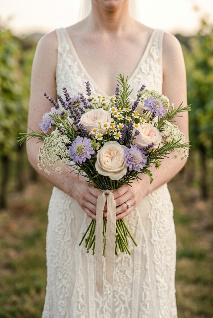 IMAGE 8 HERE Alt text: Romantic wildflower and herb bridal bouquet with lavender, chamomile, and garden roses Image prompt: Photorealistic editorial photograph of a loosely gathered wildflower bridal bouquet with garden-fresh charm — blush garden roses interspersed with bundles of lavender, sprigs of chamomile, fresh rosemary, soft purple scabiosa, and delicate white Queen Anne's lace, tied simply with a raw linen ribbon in natural twine, held with both hands loosely at waist height, warm soft natural daylight in an outdoor vineyard or garden setting, soft bokeh background, rustic romantic and fragrant in feel. Generate in vertical portrait orientation, 2:3 aspect ratio, optimized for mobile display.