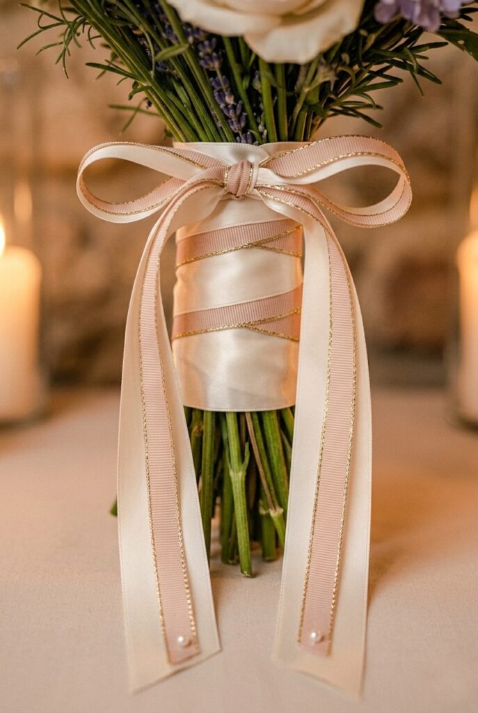 IMAGE 9 HERE Alt text: Close-up of bridal bouquet handle wrapped with layered ivory and blush satin ribbons with trailing tails Image prompt: Photorealistic macro-style editorial close-up of a bridal bouquet handle wrapped in a multi-layer ribbon treatment — a wide ivory double-faced satin ribbon as the base wrap, overlaid with a thin blush grosgrain ribbon and a single thin gold wired metallic ribbon, finished with a loose trailing bow and two long hanging tails each ending in a tiny pearl-headed pin, warm soft candlelit indoor light creating gentle sheen on the ribbons, bouquet stems slightly visible above the ribbon wrap, romantic and refined. Generate in vertical portrait orientation, 2:3 aspect ratio, optimized for mobile display.