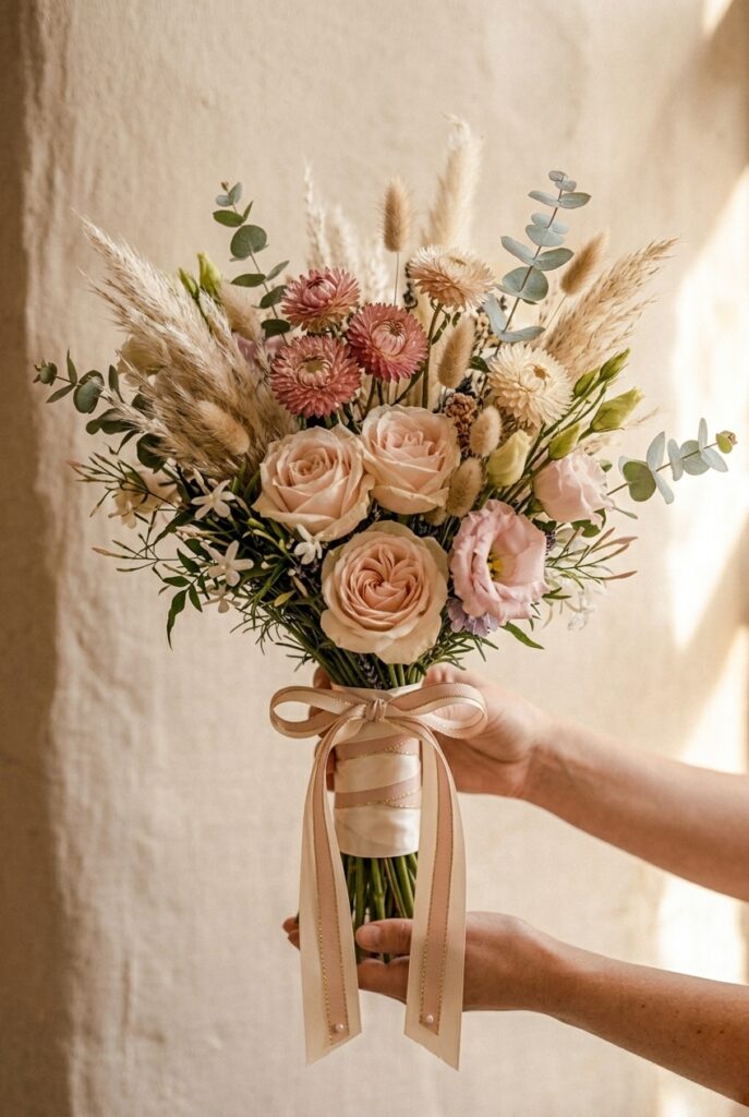 IMAGE 10 HERE Alt text: Romantic bridal bouquet combining dried pampas grass and strawflowers with fresh garden roses Image prompt: Photorealistic editorial photograph of a mixed bouquet combining dried and fresh elements — fresh blush garden roses and pale pink lisianthus paired with dried pampas grass plumes, dried strawflowers in dusty rose and cream, dried bunny tail grasses, and a few sprigs of preserved eucalyptus, loosely gathered and tied with a wide natural linen ribbon, soft warm natural window light from the right, a warm cream and blush color palette, vintage-romantic in mood, slightly textured background suggesting raw linen or plaster wall. Generate in vertical portrait orientation, 2:3 aspect ratio, optimized for mobile display.