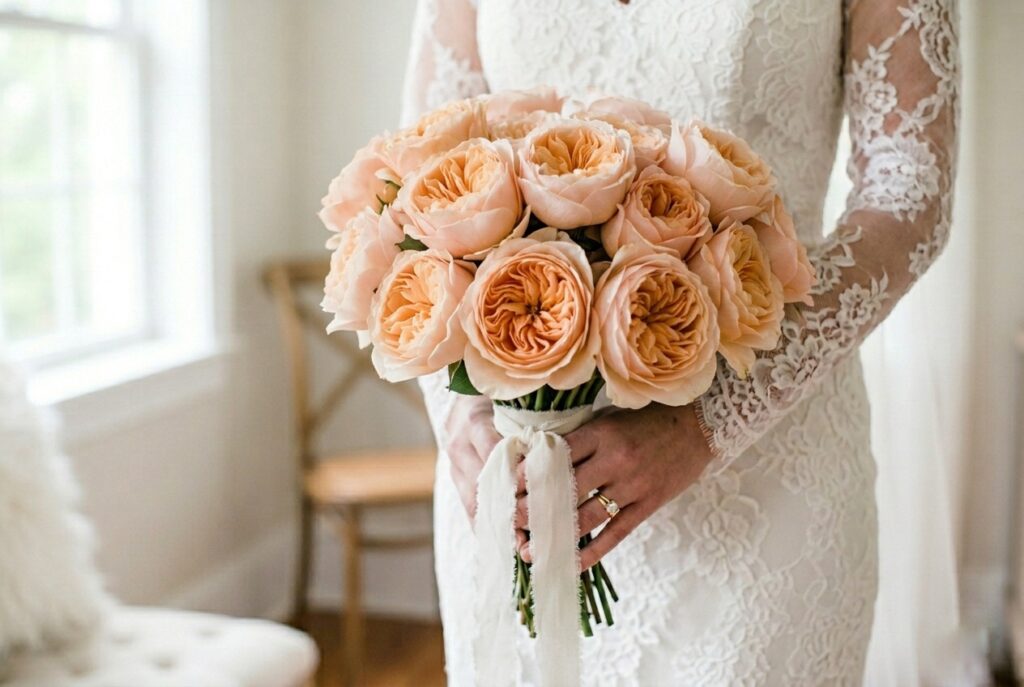 IMAGE 1 HERE Alt text: Close-up of a bridal bouquet made entirely of Juliet garden roses in a warm apricot-blush tone, stems bound with raw ivory ribbon Image prompt: Photorealistic close-up portrait of a lush bridal bouquet composed entirely of Juliet garden roses in warm apricot and peach-blush tones, with densely packed petals and open bowl-shaped blooms at varying stages of opening. Stems wrapped in raw ivory linen ribbon, tied with a loose bow. The bouquet rests against a white-painted wooden surface. Soft natural window light from the upper left creates warm shadows across each bloom's center. No text overlays. Generate in vertical portrait orientation, 2:3 aspect ratio, optimized for mobile display.
Just one image per prompt