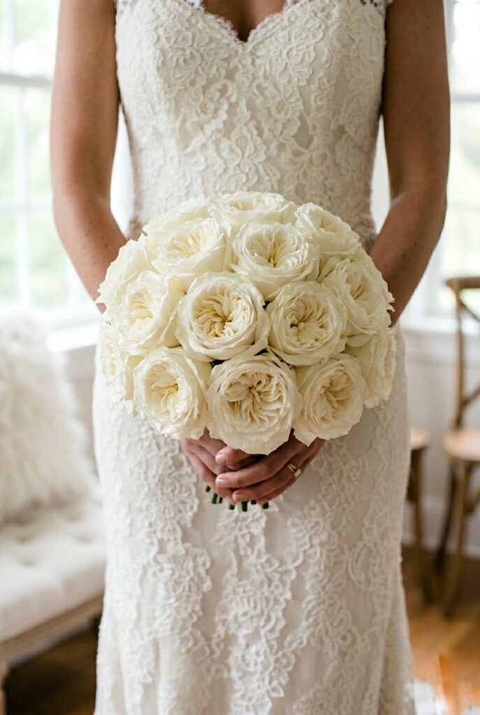 IMAGE 2 HERE Alt text: A round bridal bouquet composed entirely of white O'Hara garden roses with no filler or greenery, held against an ivory wedding gown Image prompt: Photorealistic portrait of a clean, tightly packed round bridal bouquet composed entirely of open white O'Hara garden roses, with layered ruffled petals and creamy centers slightly visible. No greenery, no filler, no ribbon detail visible — pure blooms. The bride's ivory gown is visible in soft focus behind the bouquet. Soft natural window light from the right side creates dimensional shadows across each rose bloom. No text overlays. Generate in vertical portrait orientation, 2:3 aspect ratio, optimized for mobile display.
Generate only 1 image..