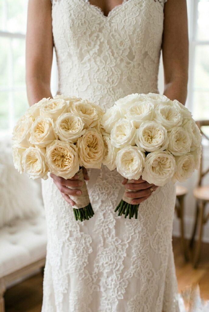 Generate 1 image: Side-by-side bridal bouquets showing warm ivory roses against a warm-toned wedding gown versus cool white roses against the same gown Image prompt: Photorealistic portrait showing two bridal bouquets side by side — on the left, a rounded bouquet of warm ivory and champagne garden roses against a warm-toned off-white satin bridal gown; on the right, a similar bouquet in cool stark white roses against the same gown. Both bouquets are hand-tied with neutral ribbon. The scene is bathed in soft natural window light from above. The color contrast between the warm ivory and cool white versions is visually clear. No text overlays. Generate in vertical portrait orientation, 2:3 aspect ratio, optimized for mobile display.