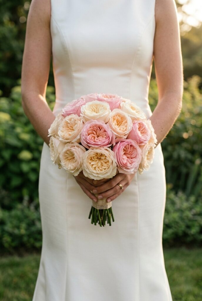 IMAGE 4 HERE Alt text: Bride holding a classic round garden rose bouquet at waist height, showing how it sits proportionally against a fitted wedding gown Image prompt: Photorealistic portrait of a bride in a fitted satin wedding gown holding a lush round bridal bouquet of blush garden roses at her waist with both hands, elbows slightly out. The bouquet is a tight dome shape approximately 10 inches across. The bride's face is not visible — the frame shows from shoulders to mid-thigh. Warm golden afternoon natural light comes from the upper right. The background is softly blurred outdoor garden greenery. No text overlays. Generate in vertical portrait orientation, 2:3 aspect ratio, optimized for mobile display.