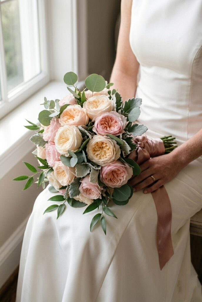IMAGE 5 HERE Alt text: Bridal rose bouquet with silver dollar eucalyptus and soft Italian ruscus greenery woven between blush garden roses Image prompt: Photorealistic portrait of a rounded bridal bouquet featuring blush garden roses interspersed with silver dollar eucalyptus leaves, Italian ruscus, and a few sprigs of dusty miller. The arrangement has visible texture and layering. Stems are wrapped in dusty blush satin ribbon. The bouquet rests against the lap of a bride in a white silk gown seated near a window. Soft natural window light from the left illuminates the silver-green leaves beautifully. No text overlays. Generate in vertical portrait orientation, 2:3 aspect ratio, optimized for mobile display.